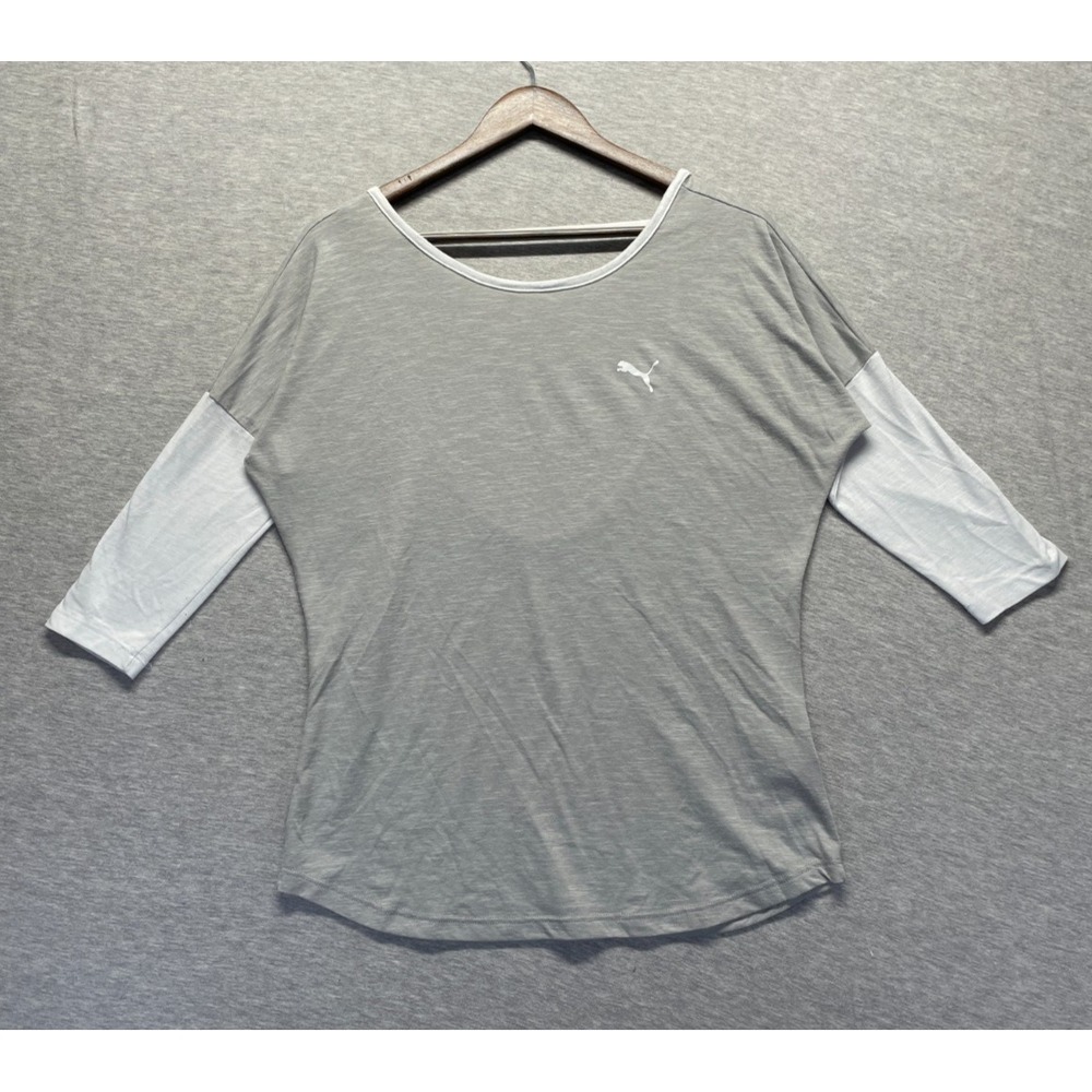 PUMA T-Shirt Top Women Medium Gray White Dropped Shoulder Round Neck Casual Wear